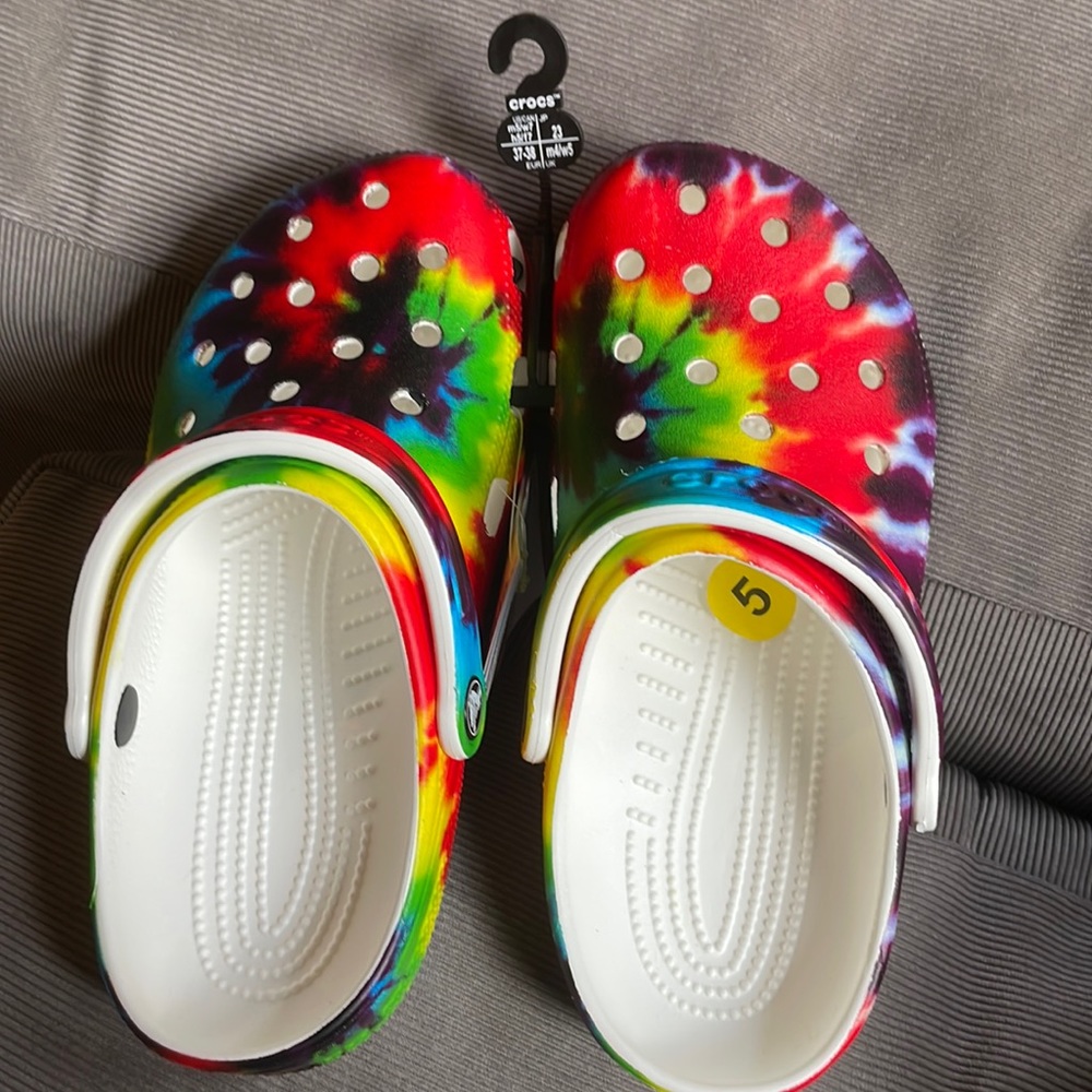 Rainbow tie dye crocs